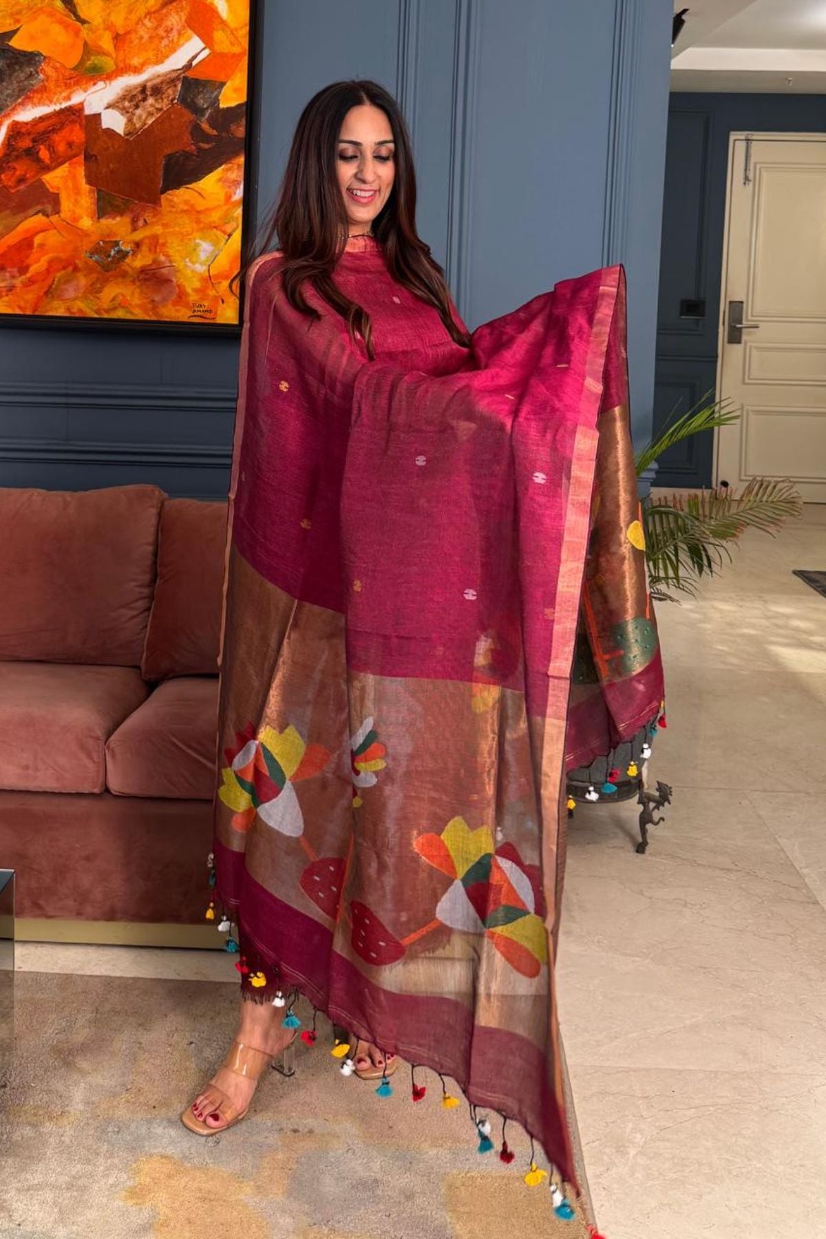 Paithani inspired Jamdani work on tissue linen